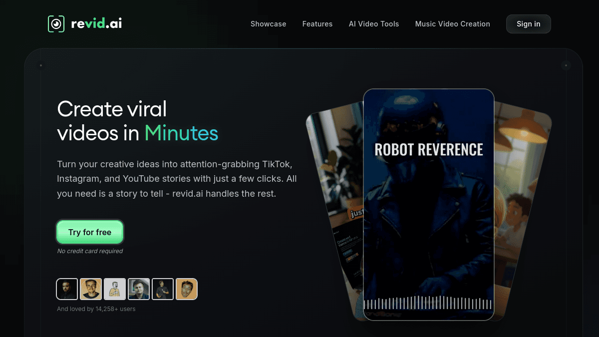 Revid.ai homepage — High-volume text-to-video faceless output without appearing on camera.