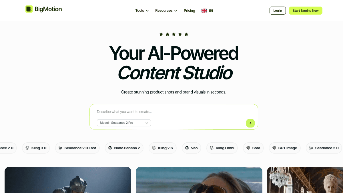 BigMotion homepage — Auto-posting shorts with access to latest generative video models.