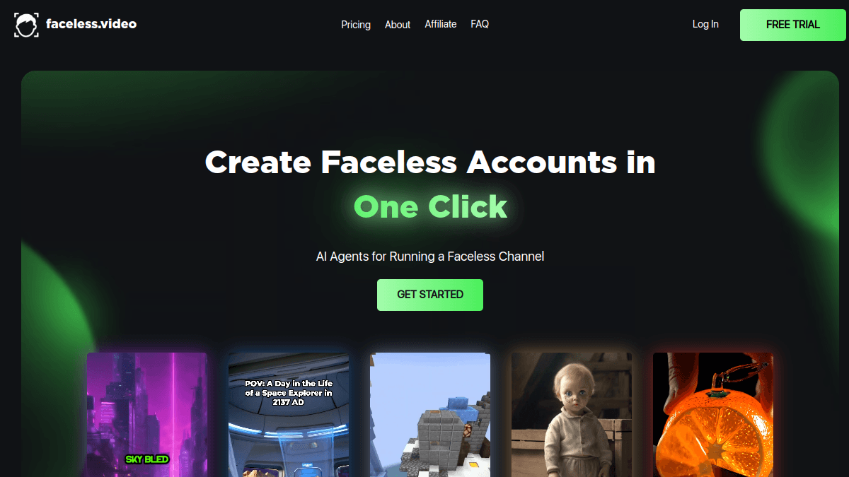 Faceless.video homepage — Beginners testing Reddit story and AI story formats with autopilot posting.