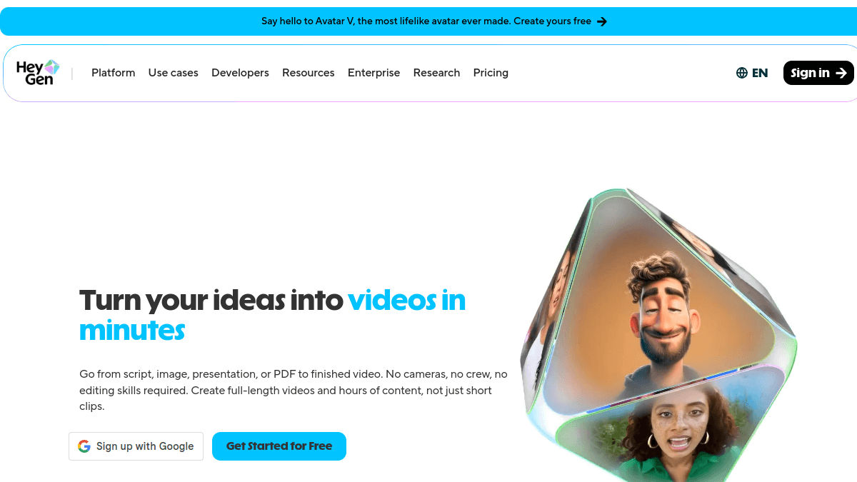HeyGen homepage — Presenter-style and UGC ads with realistic AI avatars.