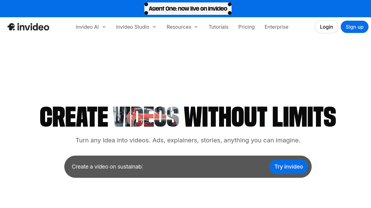 InVideo AI homepage — Conversational prompt-to-video with massive stock library.