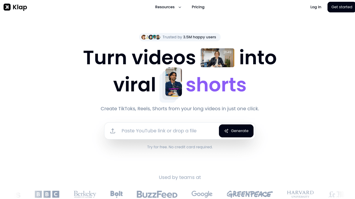 Klap homepage — AI clip extraction from podcasts, streams, and webinars.