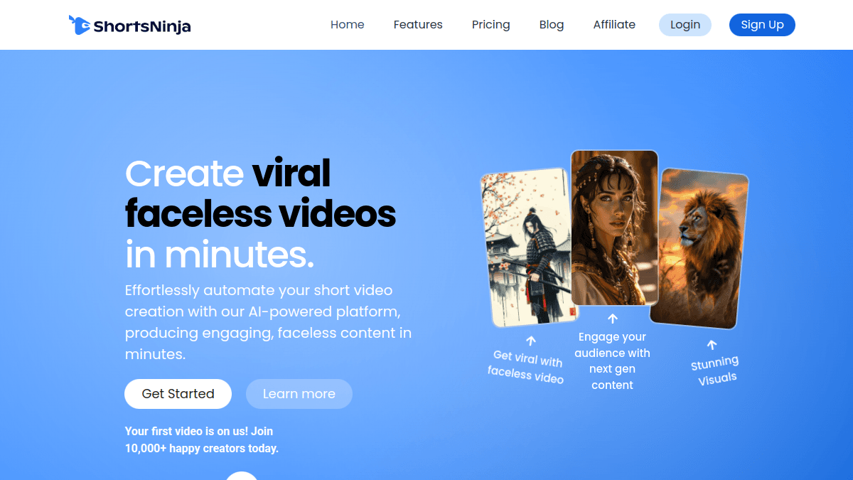 ShortsNinja homepage — Series workflows with timezone-aware auto-publish across three platforms.