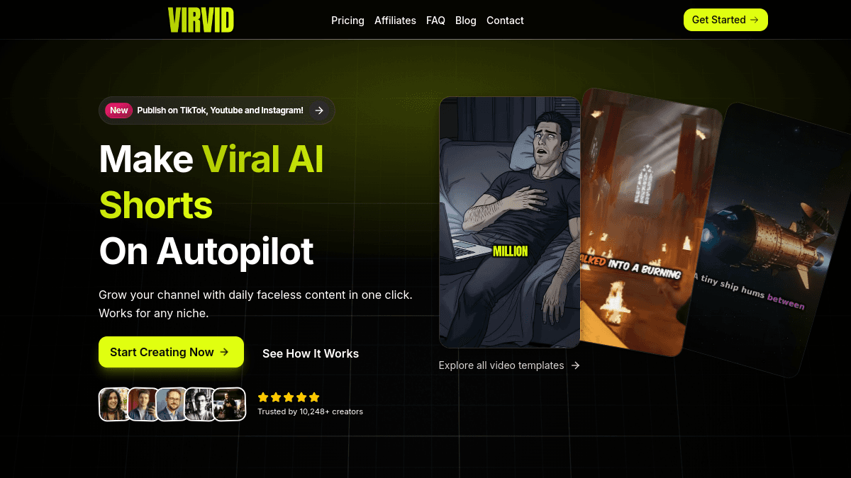 Virvid homepage — Faceless-first generation with format-specific voice profiles.
